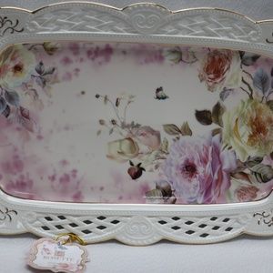 ROSETTE FLORAL RECTANGULAR SERVING TRAY PLATTER LATTICE BORDER-MULTICOLOR & GOLD
